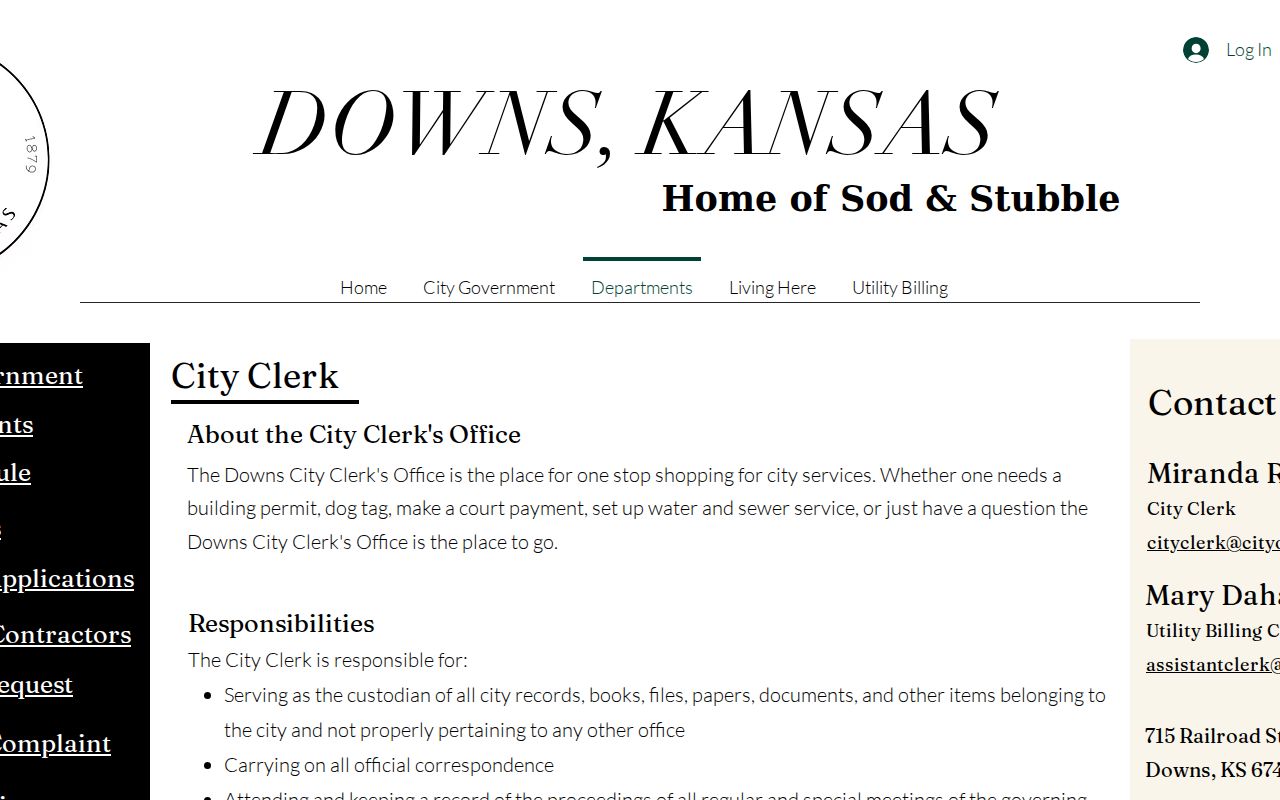Downs City Clerk page with Miranda Robinson, City Hall hours, records duties, and court payment information