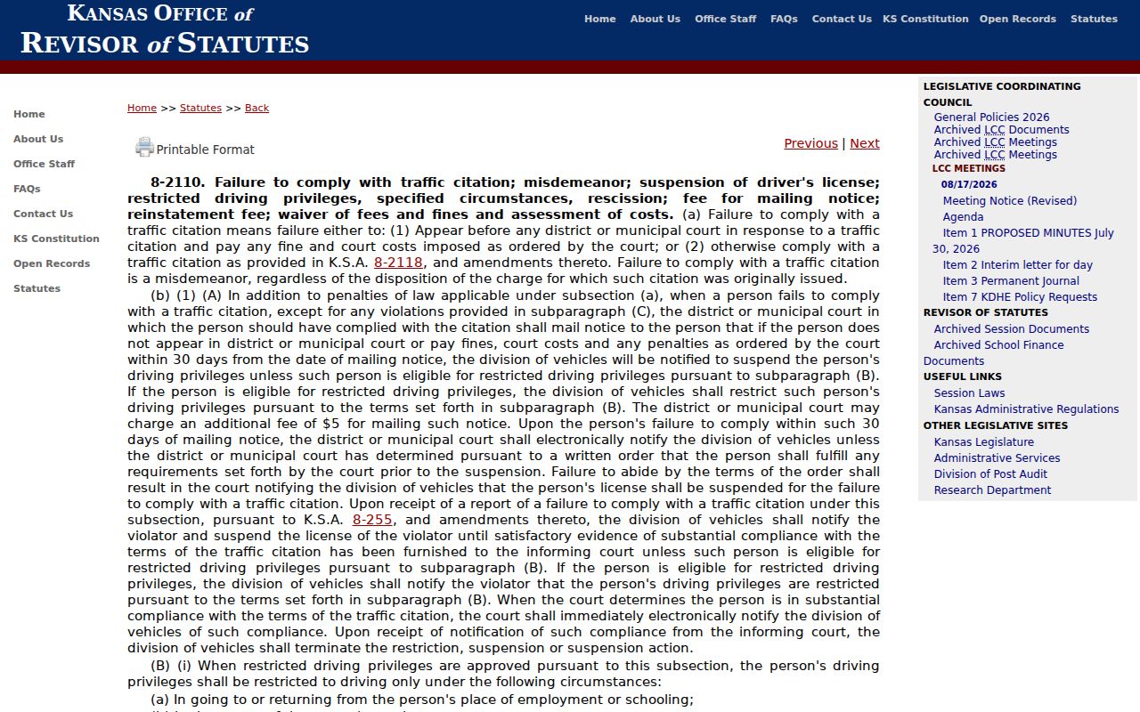 Kansas Revisor page for K.S.A. 8-2110 failure-to-comply notice and reporting