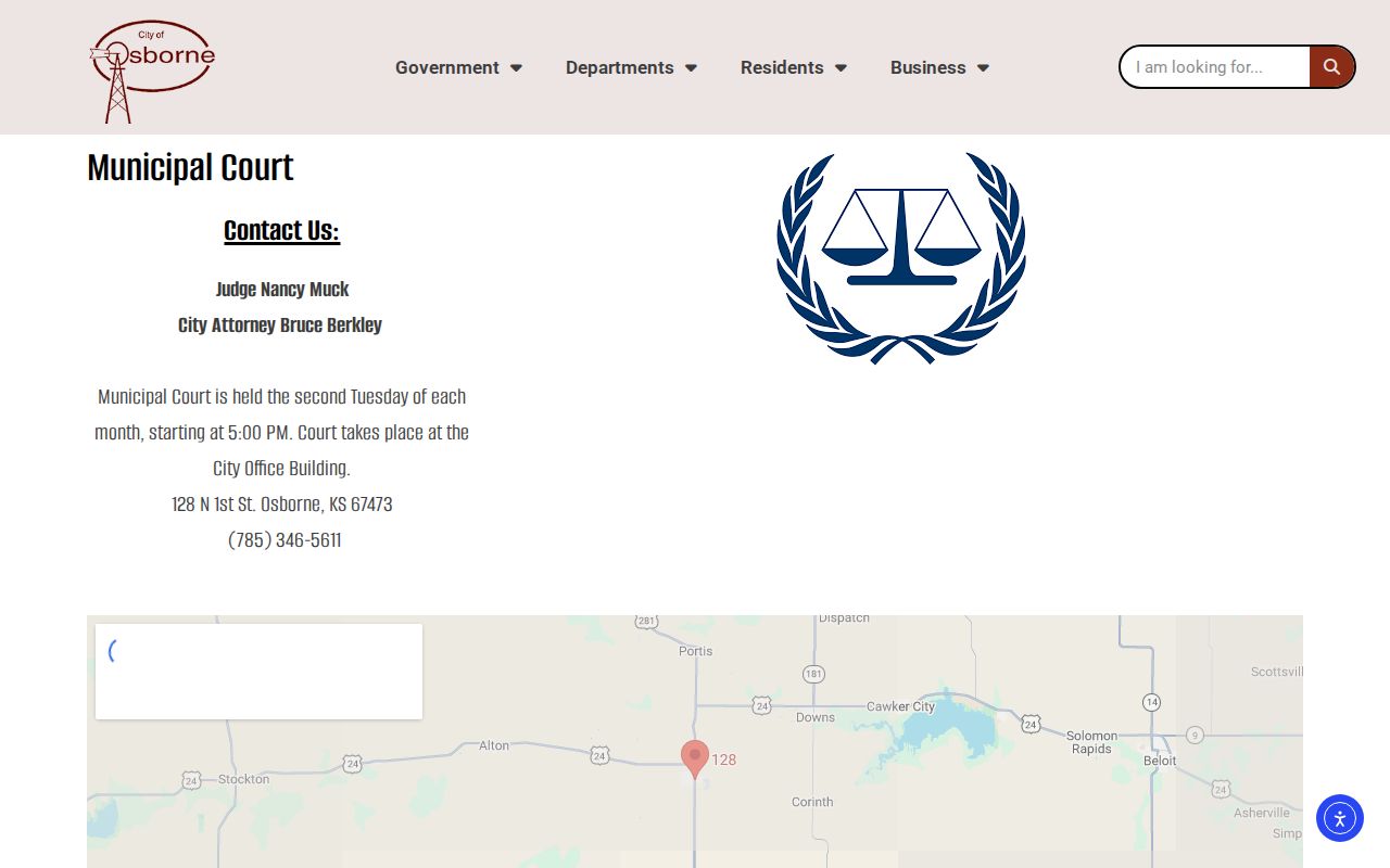 City of Osborne municipal-court page with local officials, schedule, location, and phone
