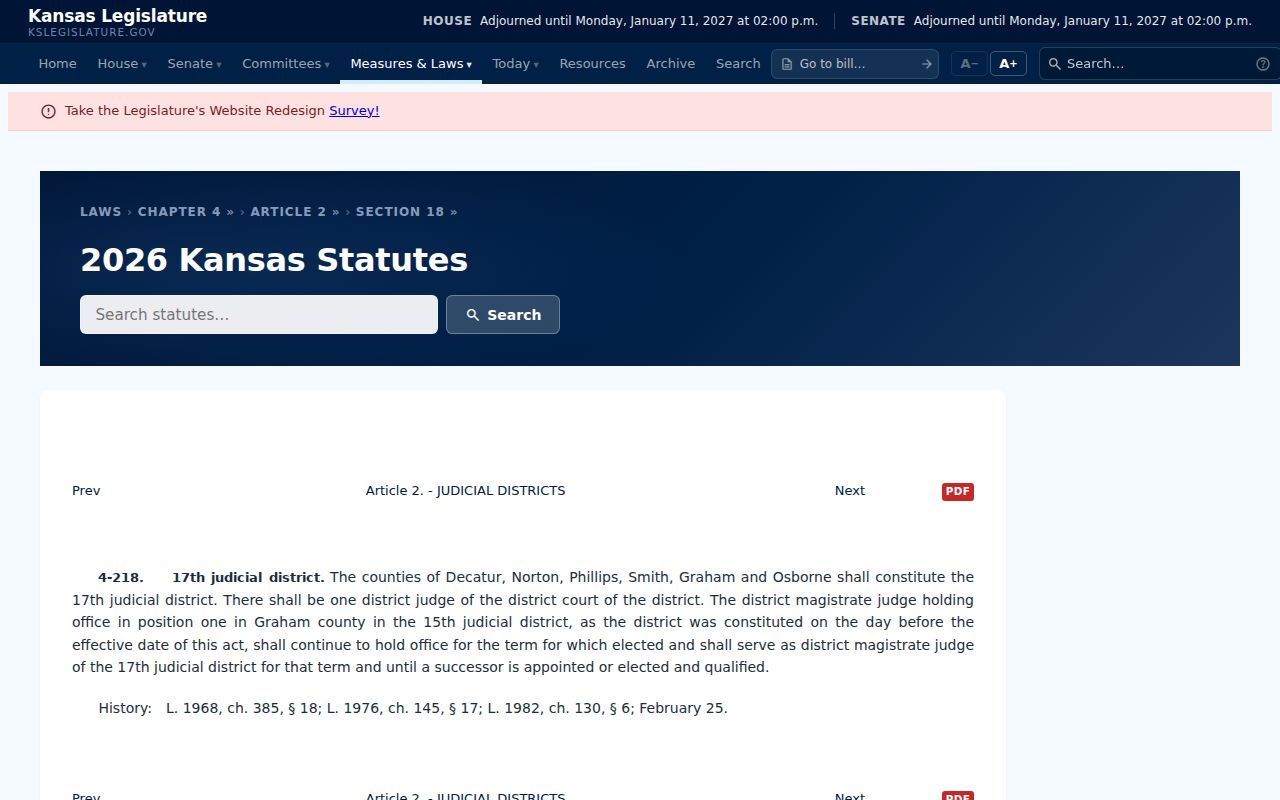 Kansas statute page listing Osborne in the six-county 17th Judicial District