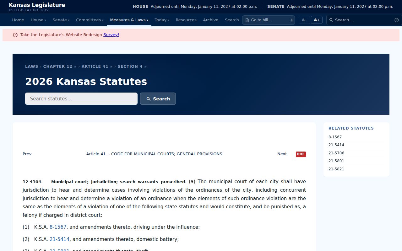 Kansas statute page describing Osborne municipal-court jurisdiction under K.S.A. 12-4104