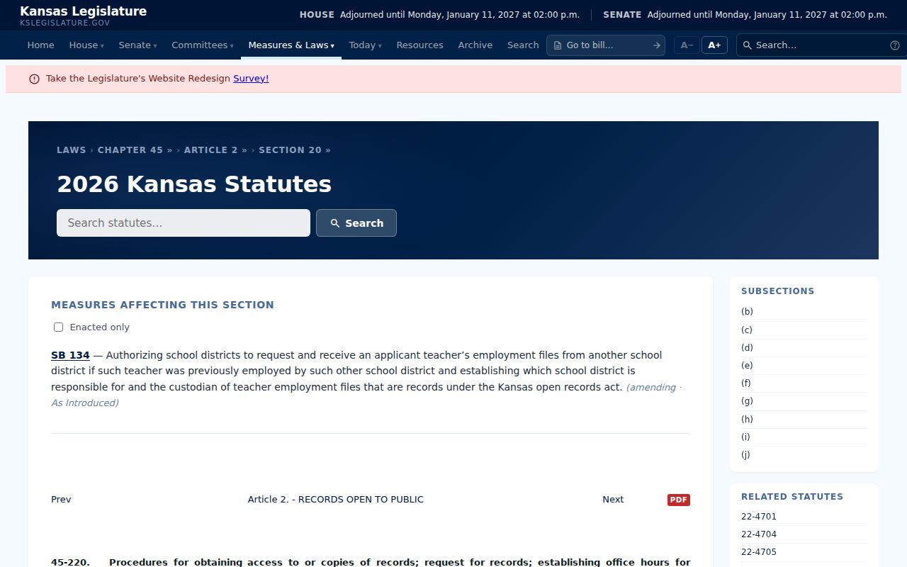 Kansas statute page describing public-record request procedures under K.S.A. 45-220