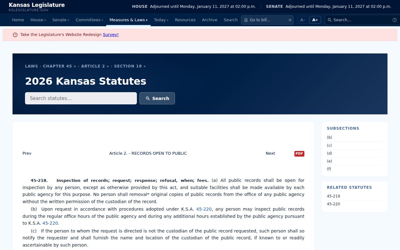 Kansas statute page for K.S.A. 45-218 inspection and response rules