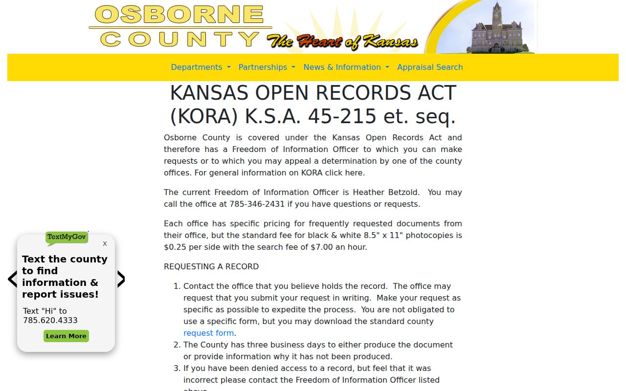 Osborne County open-record information page with request steps and local charges