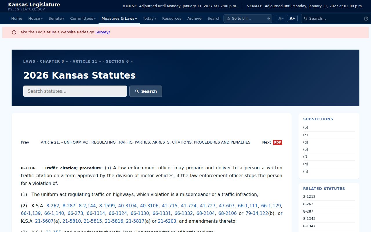 Kansas statute page showing K.S.A. 8-2106 traffic citation procedure