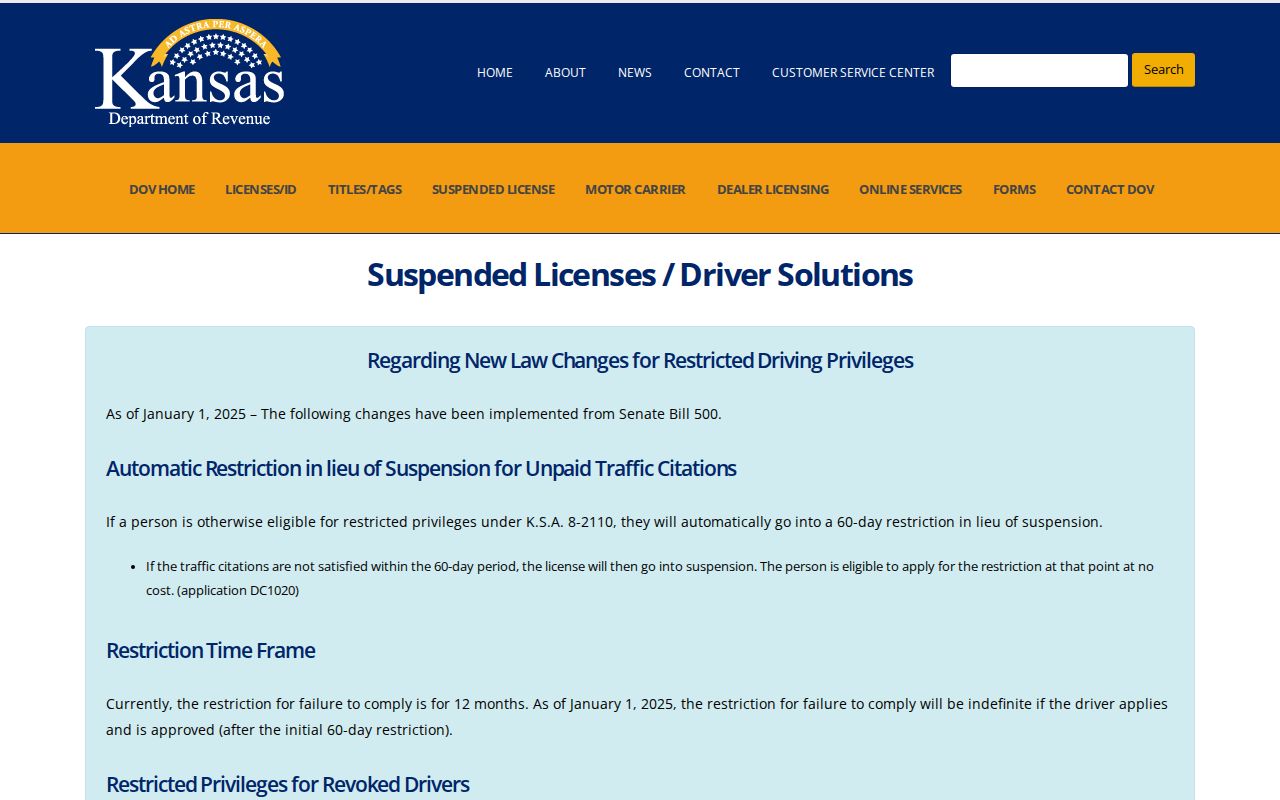 Kansas Department of Revenue page explaining the 2025 traffic compliance framework
