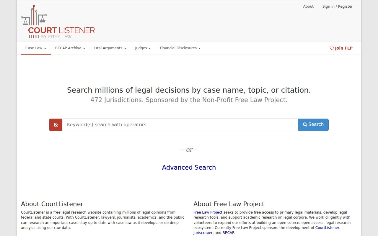 CourtListener website offering a free RECAP mirror of some federal docket material