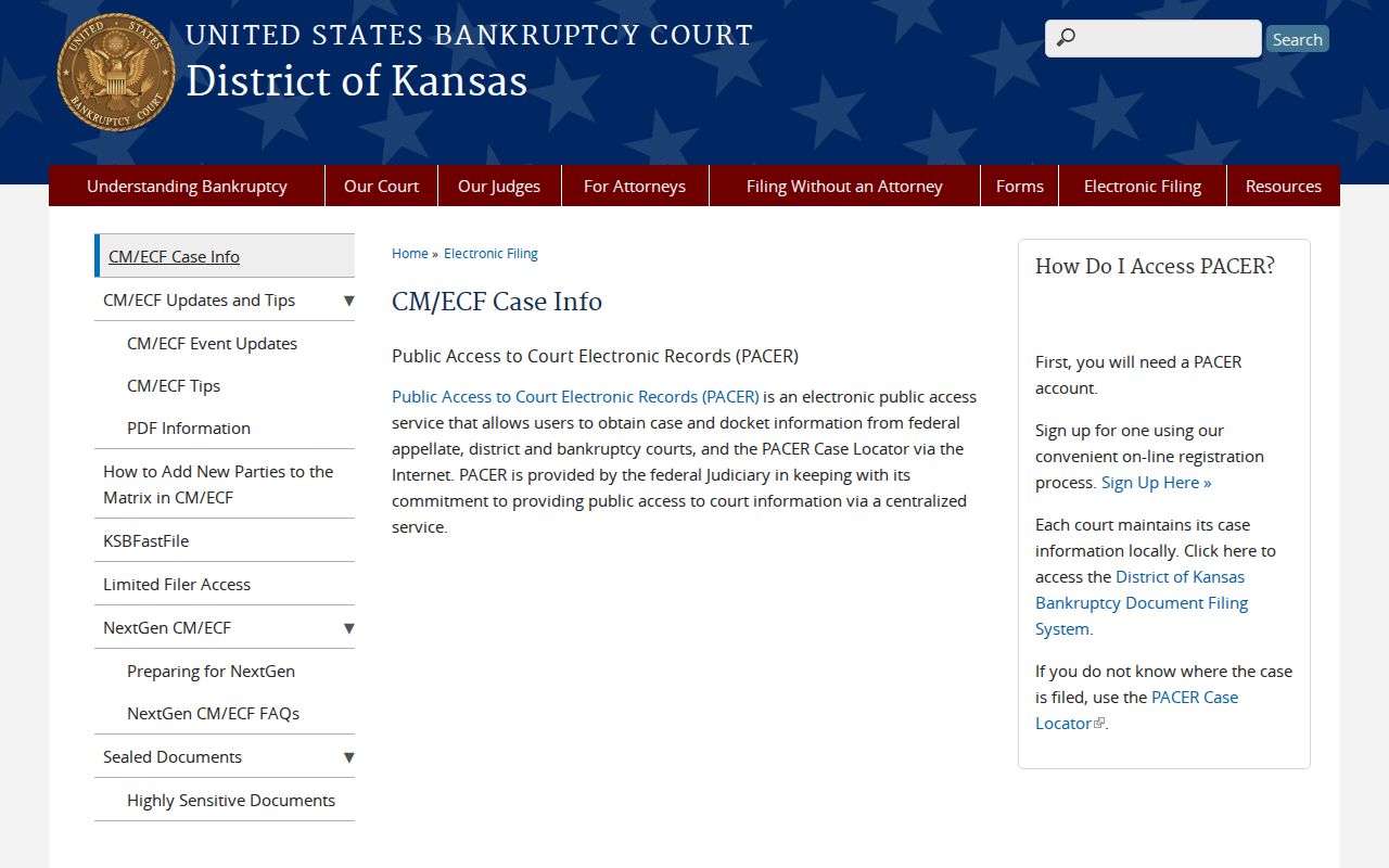 Kansas bankruptcy court page explaining CM ECF and PACER access
