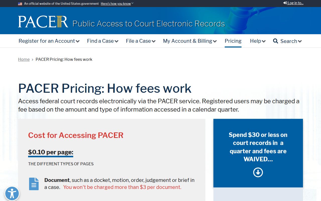 Official PACER page explaining federal docket search and document fees