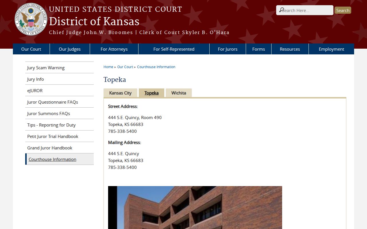 District of Kansas Topeka federal courthouse page for a permanent clerk office